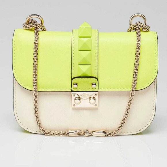 Valentino Yellow/White Leather Glam Lock Small Flap Bag - Picture 1 of 11